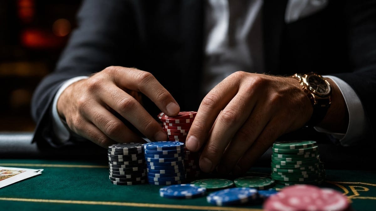 Player's hands shuffling chips at The Big Game on Tour table