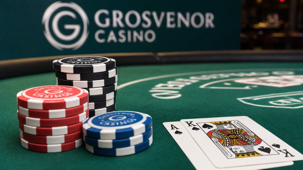 Poker chips and cards at a Grosvenor Casino poker table