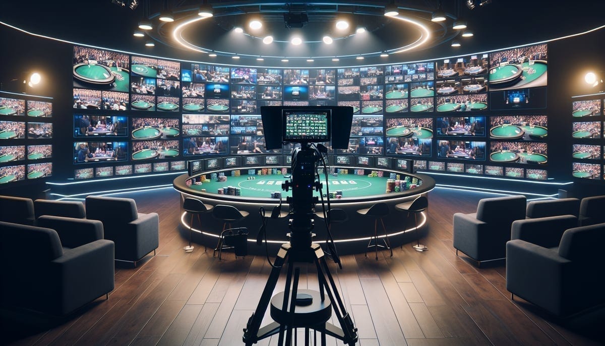 Multiple screens displaying poker streaming content and viewership statistics