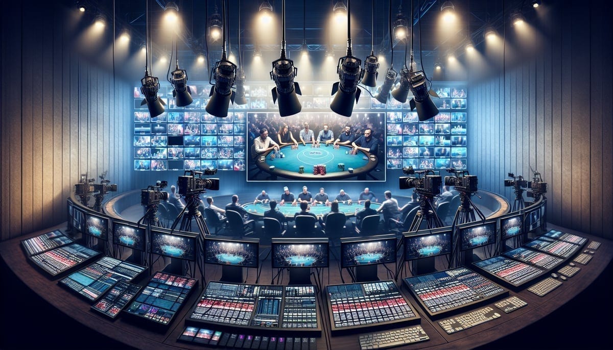 Professional poker streaming production setup with cameras and monitors