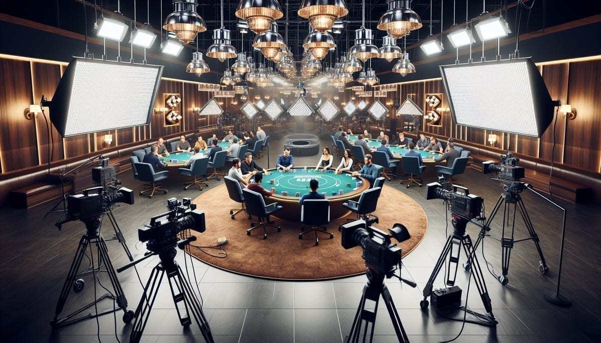 Professional poker streaming studio with cameras and lighting setup