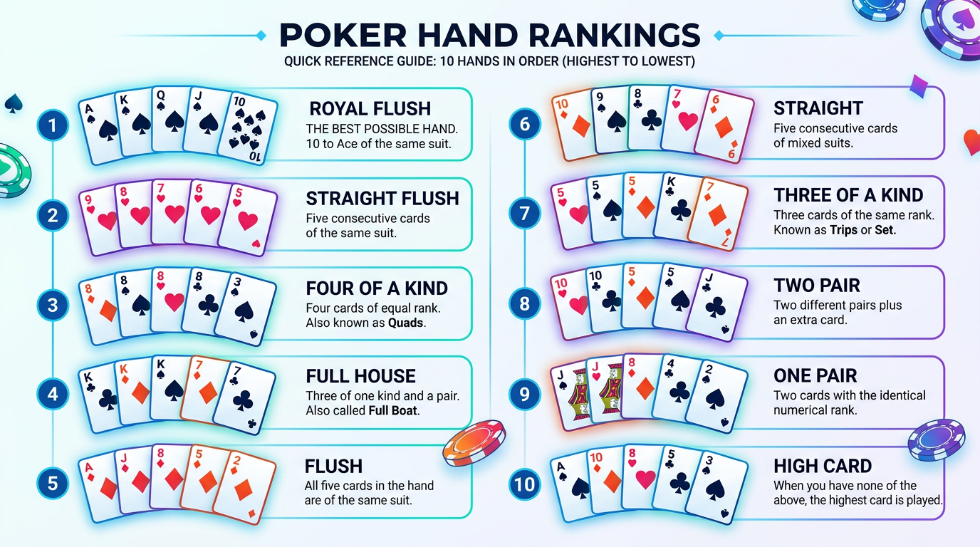 Poker hand rankings - Royal Flush through High Card