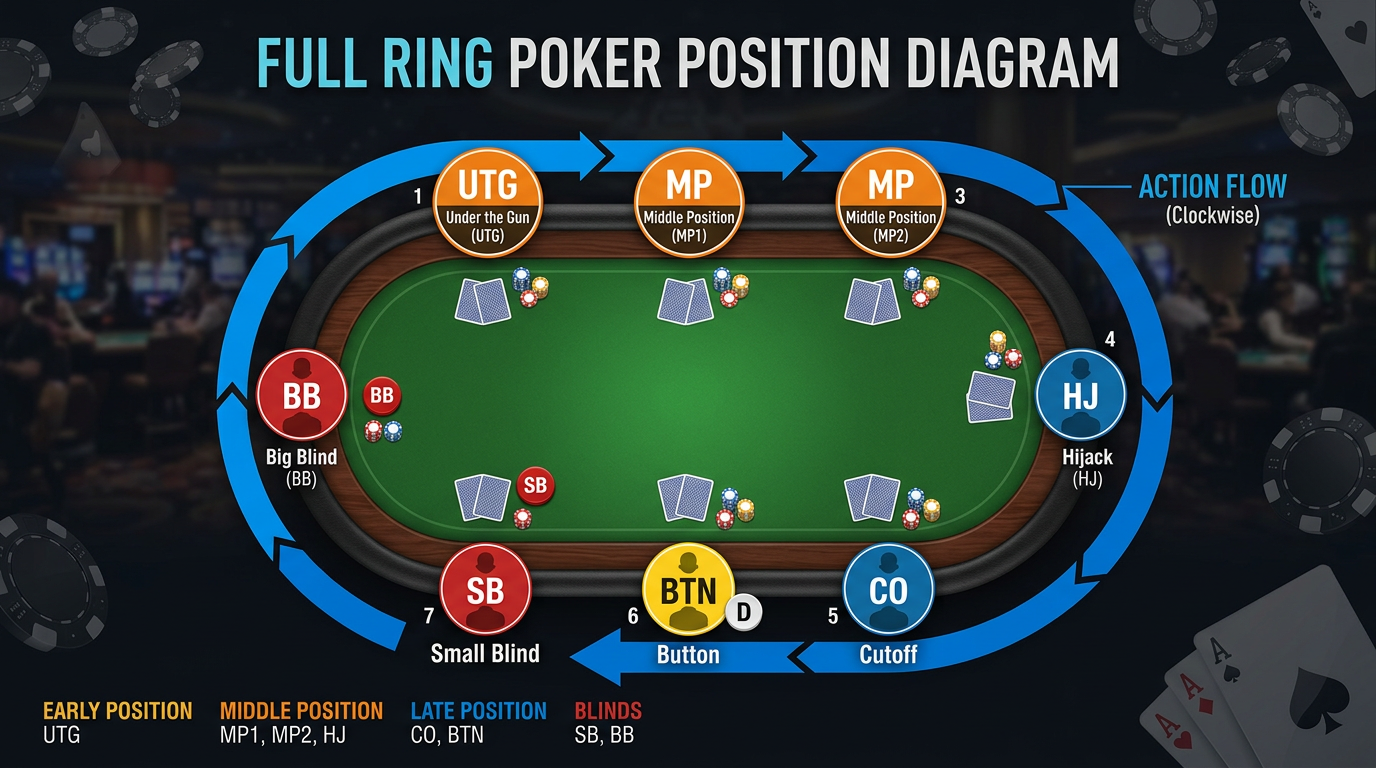 Poker position diagram - UTG, MP, Hijack, Cutoff, Button, Blinds
